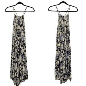 Lira Floral Cami Smocked Racerback Midi Dress Sz S Navy White Strappy Beach Boho